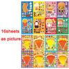A collection of 16 sheets featuring various food items like pizza, burgers, fruits, and vegetables for a DIY sticker craft ki