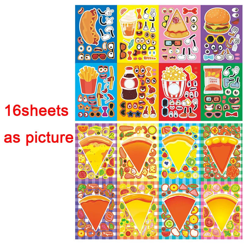 A collection of 16 sheets featuring various food items like pizza, burgers, fruits, and vegetables for a DIY sticker craft ki