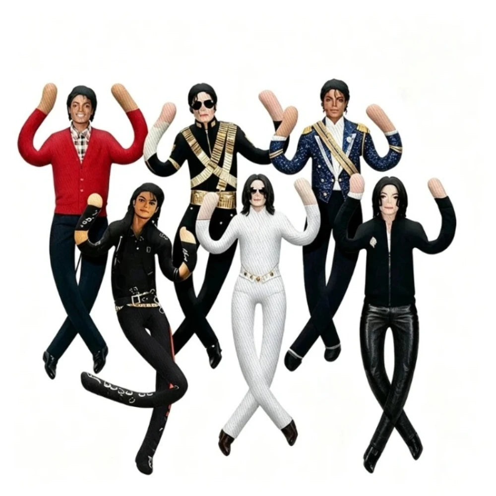 A collection of five stylized plush dolls resembling Michael Jackson with movable joints.