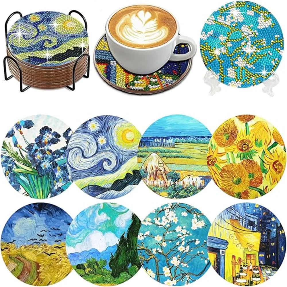 Van Gogh Starry Night Diamond Painting Coaster Kit with Metal Holder