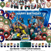 A set of hero-themed birthday party decorations including a backdrop, balloons, cake toppers, and a number balloon.