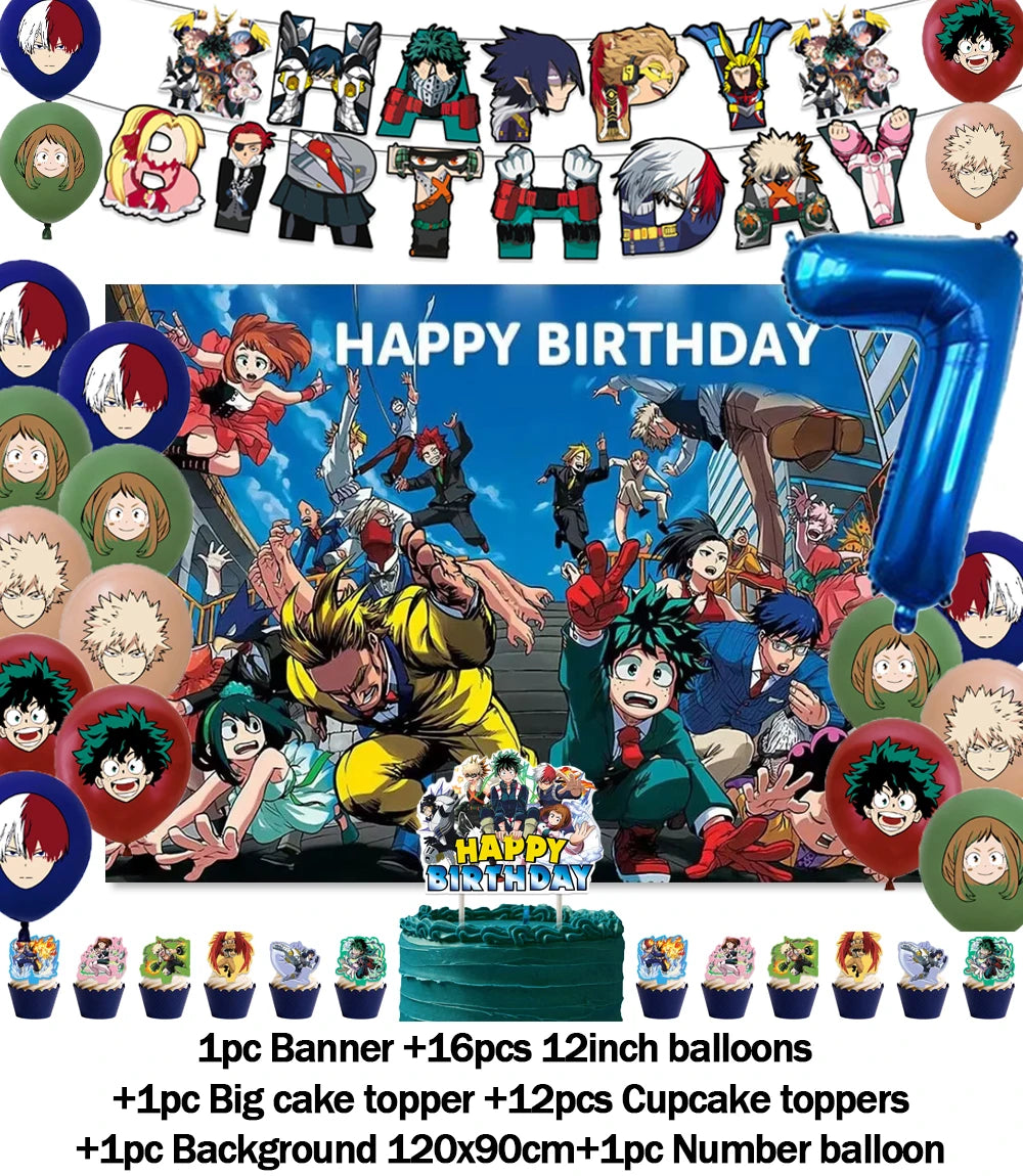 A set of hero-themed birthday party decorations including a backdrop, balloons, cake toppers, and a number balloon.