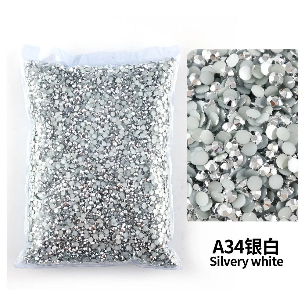 Bag of silvery white flat-back resin rhinestones for DIY craft and nail art