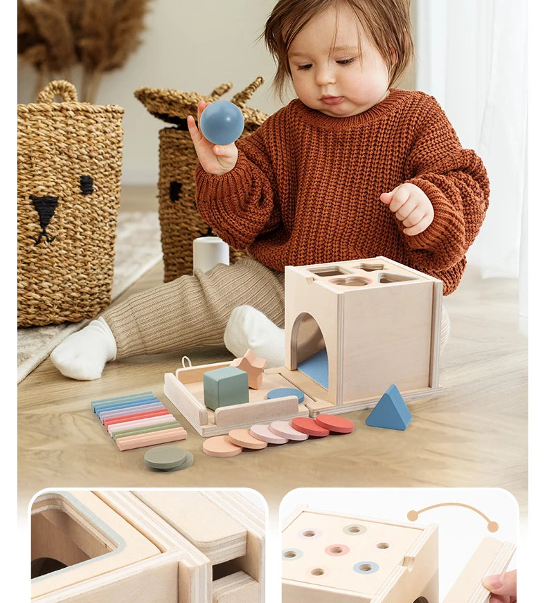 A toddler holds a wooden Montessori color sorting and shape sorter toy with various colored blocks and shapes.