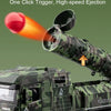 A diecast military missile catapult toy truck with a red missile launching from the cannon.