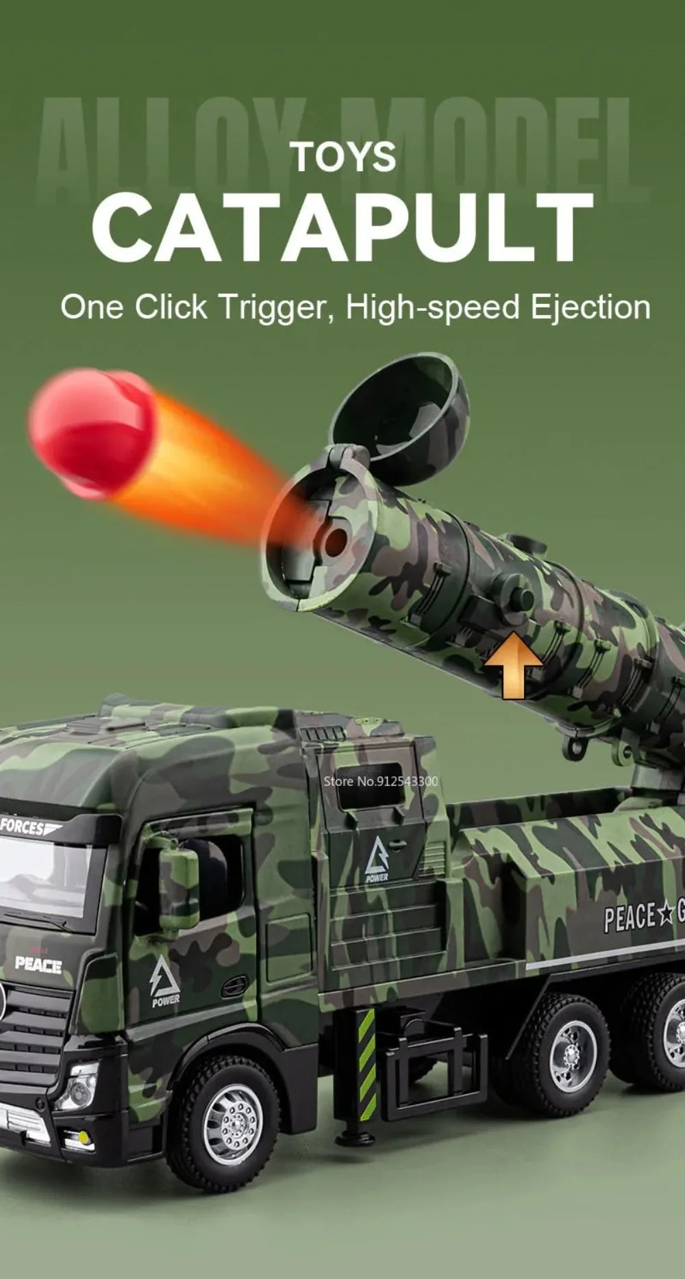 A diecast military missile catapult toy truck with a red missile launching from the cannon.