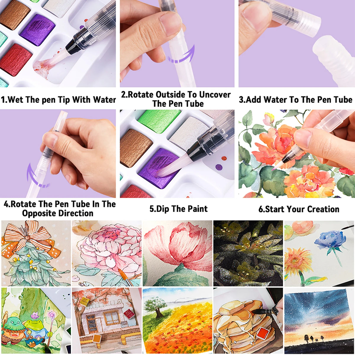 A step-by-step guide showing how to use a complete watercolor paint set with brushes and pencils for creating art.