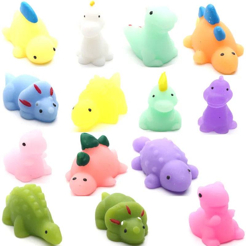 A collection of colorful squishy dinosaur fidget toys in various shades including yellow, green, purple, and pink.
