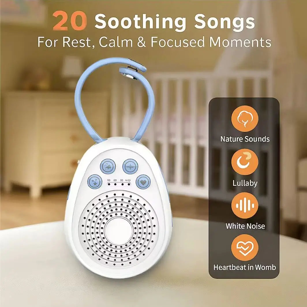 A white portable soothing sound machine for babies with a blue handle, displayed on a table.