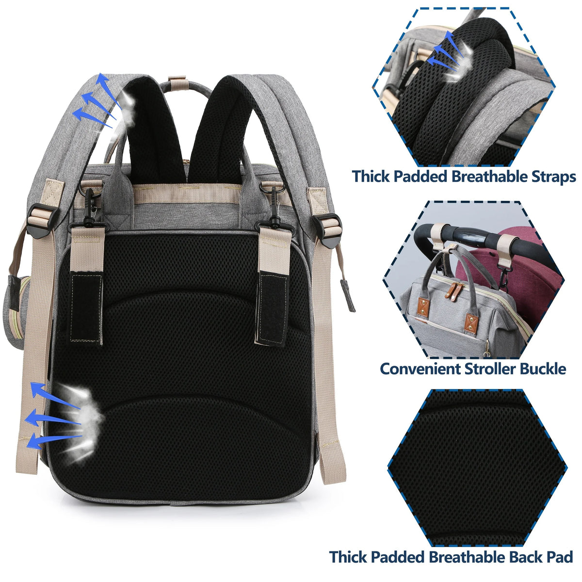 Gray diaper backpack featuring thick padded breathable straps and a thick padded breathable back pad.