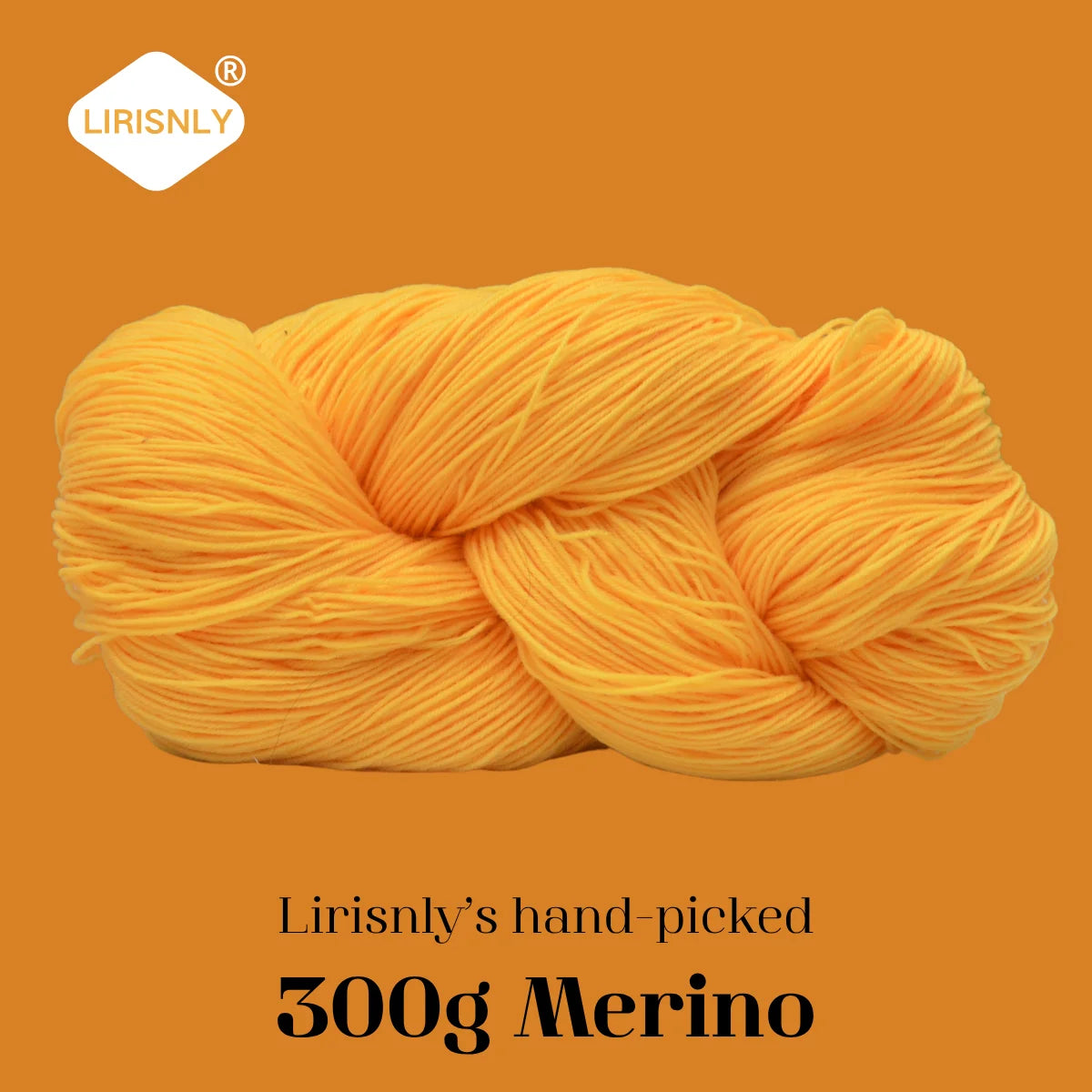 A ball of bright orange Merino wool yarn, 300g, ready for knitting or spinning.
