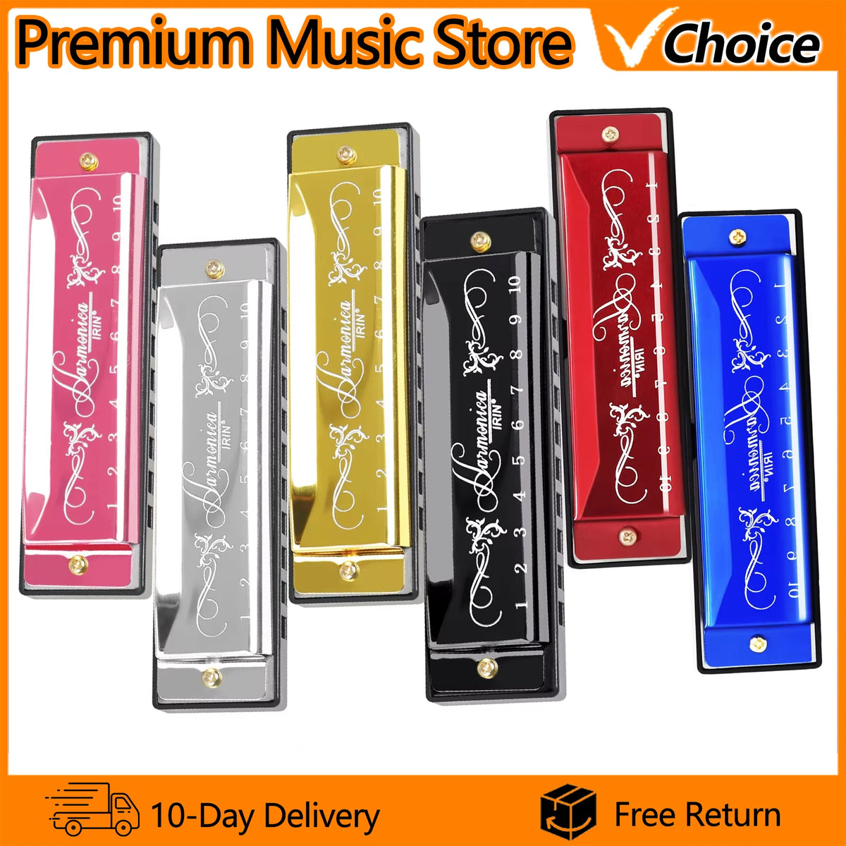 A set of colorful C key harmonicas for beginners with stainless steel covers displayed on a white background.