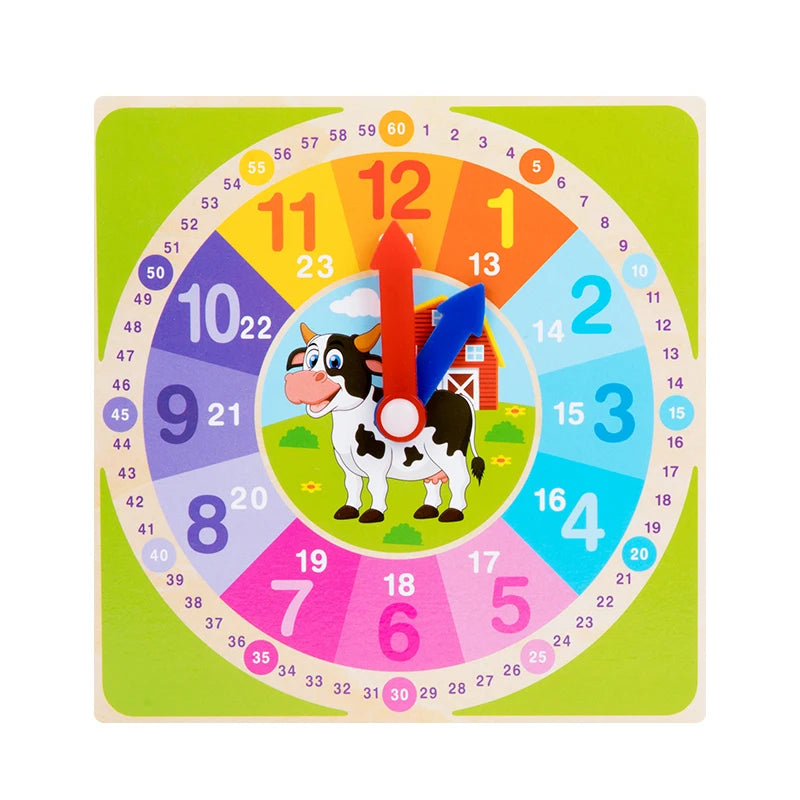 A colorful wooden clock face with numbers and shapes, featuring a cow and an arrow pointer for early learning.