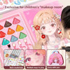 A pink makeup set for children featuring various cosmetic tools and art supplies with a girl looking happy