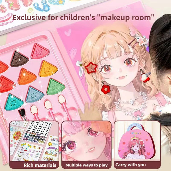 Et lyserødt makeup-sæt til børn med kosmetikværktøj, kunstmaterialer og en glad pige