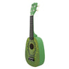 A green ukulele with a kiwi fruit design and light-colored tuning pegs.