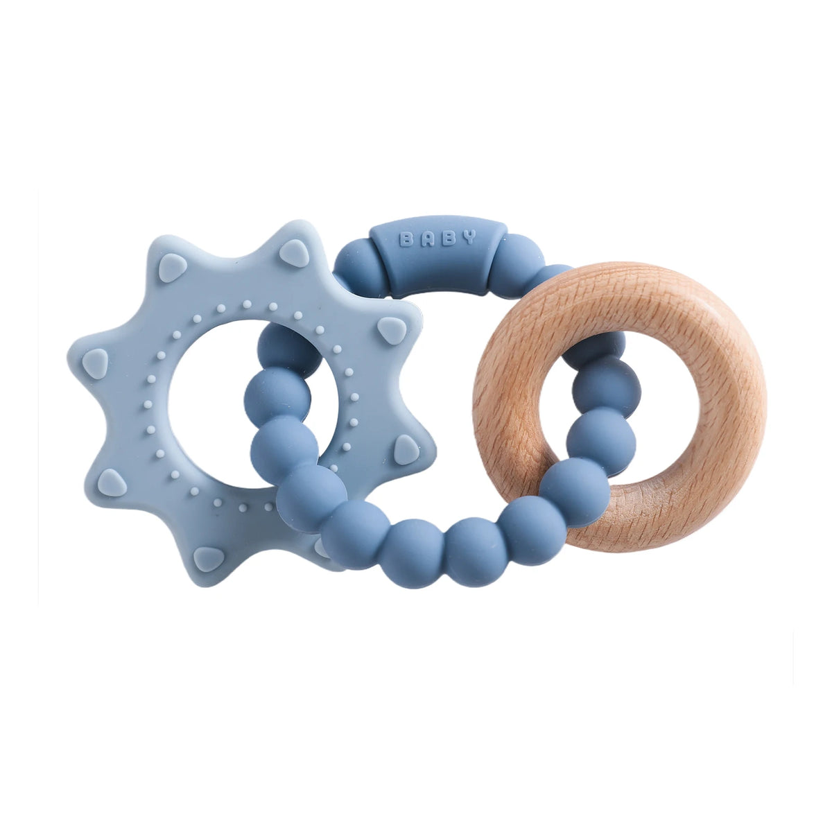 A set of food-grade silicone planet teethers for babies, featuring a light blue star shape and a wooden ring.