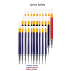 A collection of 30 refills for gel pens in blue, black, and red colors displayed vertically.