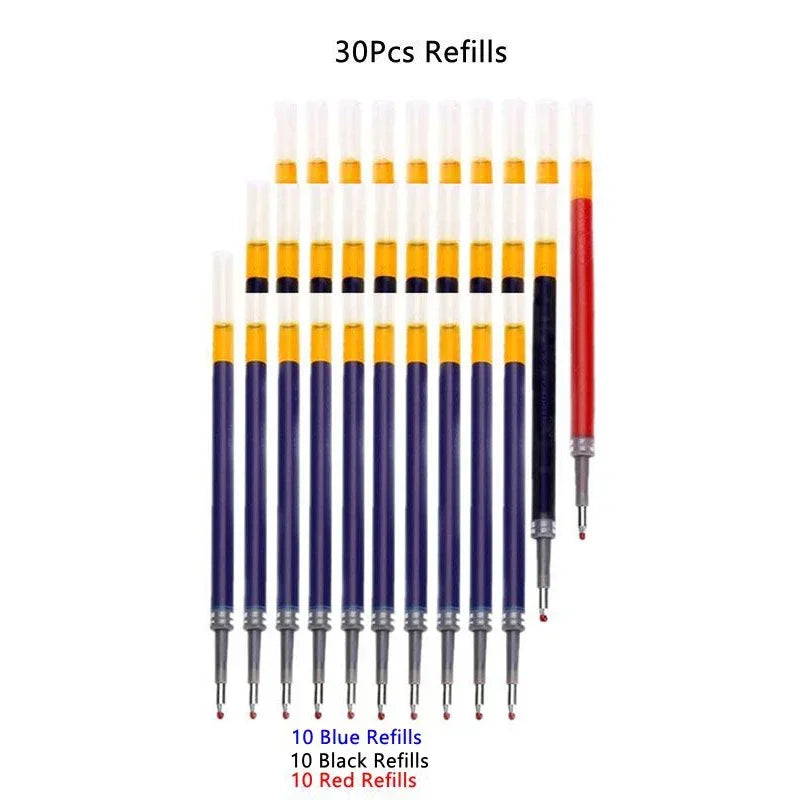 A collection of 30 refills for gel pens in blue, black, and red colors displayed vertically.