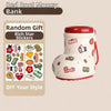 A red boot money bank jar with a lid, featuring various stickers and a smiley face design.