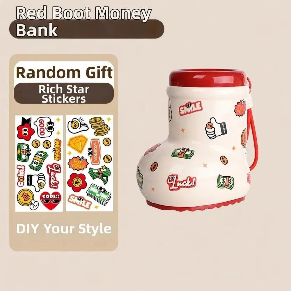 A red boot money bank jar with a lid, featuring various stickers and a smiley face design.