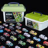 A set of mini pull-back cars in various colors and models displayed next to their storage bucket.
