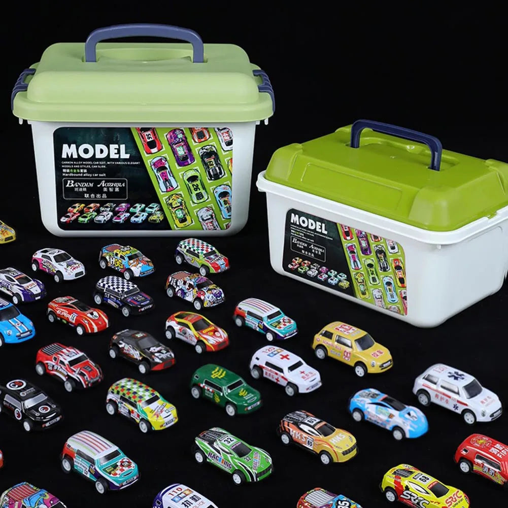 A set of mini pull-back cars in various colors and models displayed next to their storage bucket.