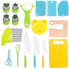 A collection of safe plastic play knives and tools in various colors including green yellow blue and pink.