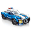 A blue police vehicle building block set with a white roof and clear windshield.