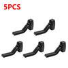 Five black wall mount guitar hangers with non-slip holders.