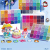 A collection of colorful pixel beads and fuse beads arranged in various grids and loose on a light blue surface for DIY craft