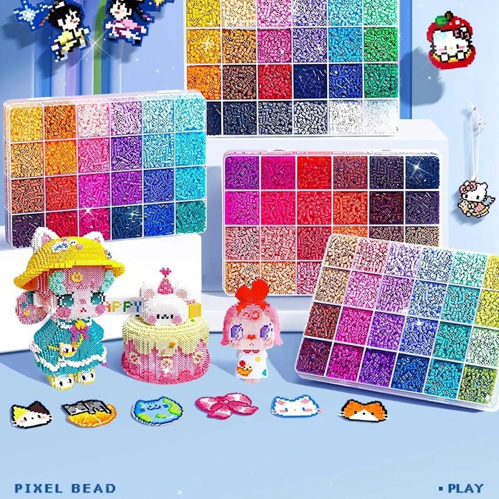 A collection of colorful pixel beads and fuse beads arranged in various grids and loose on a light blue surface for DIY craft