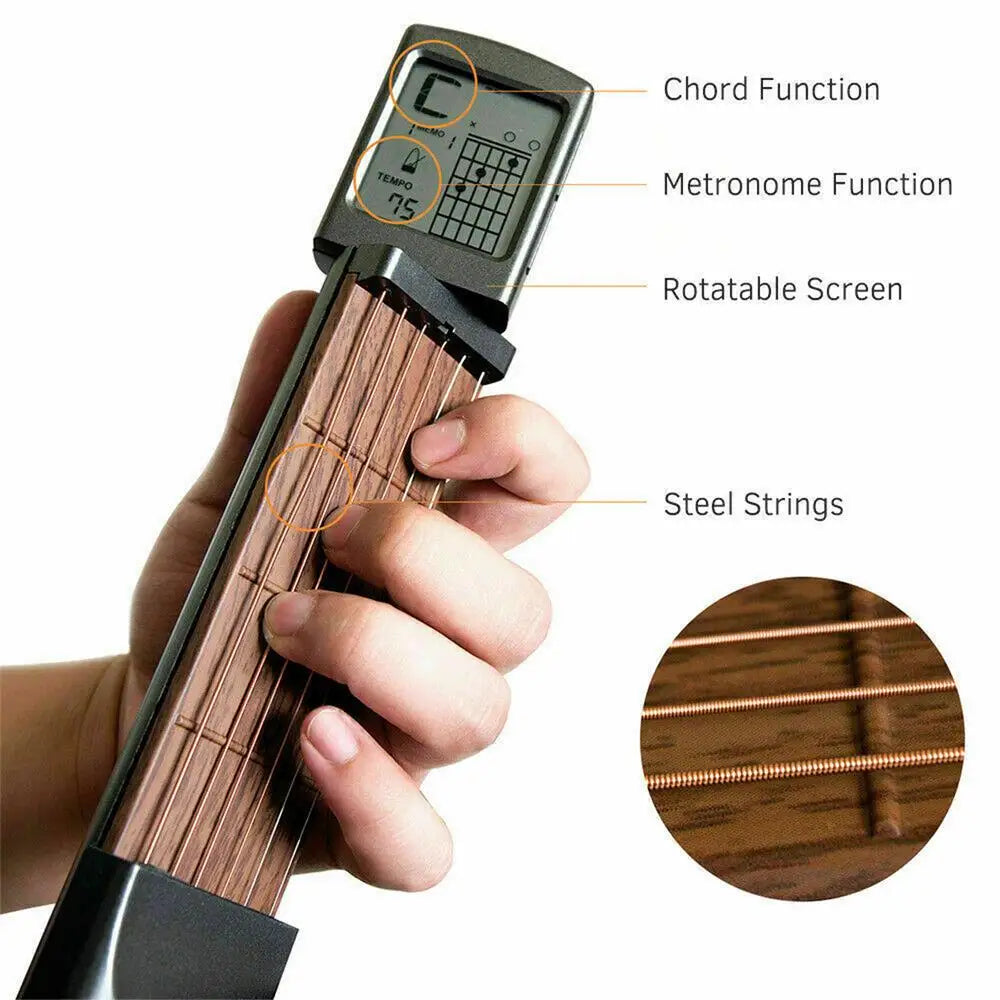 A hand holds a pocket guitar chord trainer with a rotatable screen and steel strings, showing various functions like chord an