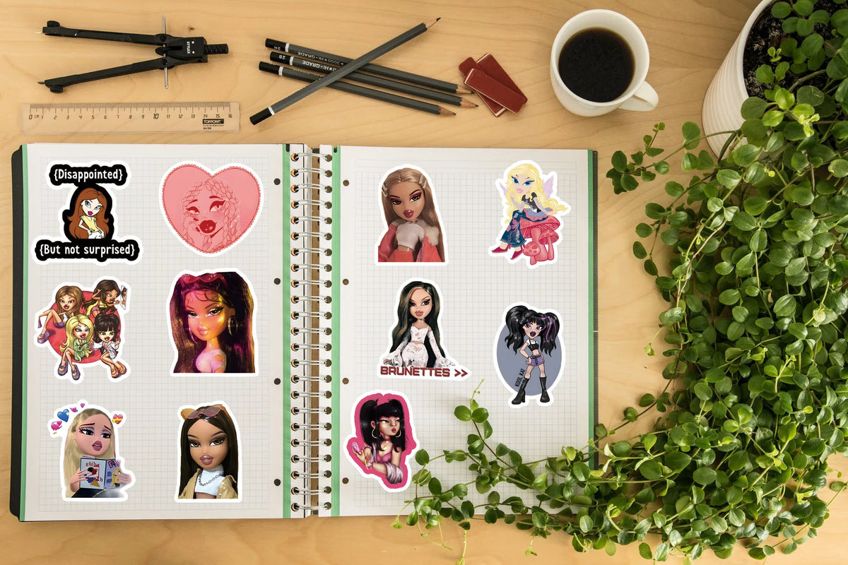 A sticker pack featuring various cartoon Bratz dolls and expressions for DIY decals.