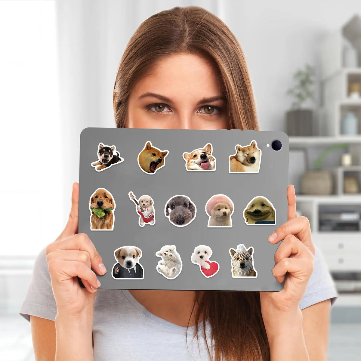 A woman holds up a pack of kawaii cat and animal stickers for laptops and scrapbooks