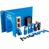 A blue wooden building tool set for pretend play featuring a police station facade and various figures and tools.