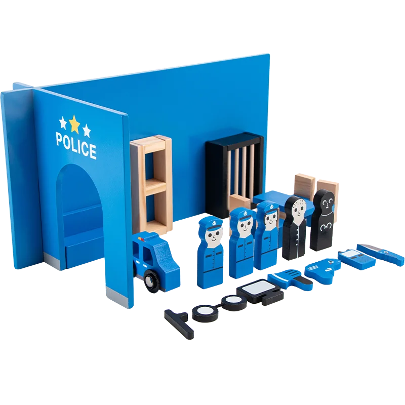 A blue wooden building tool set for pretend play featuring a police station facade and various figures and tools.