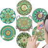 A collection of colorful mandala flower diamond painting coasters in various sizes and patterns.