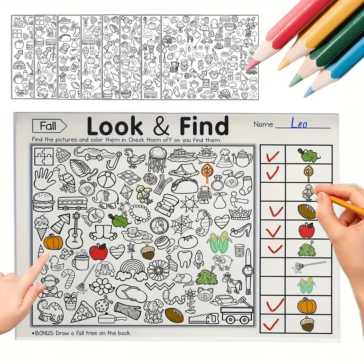 Page d'un livre d'activités de recherche montrant des objets à thème d'automne pour les enfants à trouver et colorer