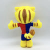 A yellow and brown striped cat football mascot plush toy with a red and blue body.