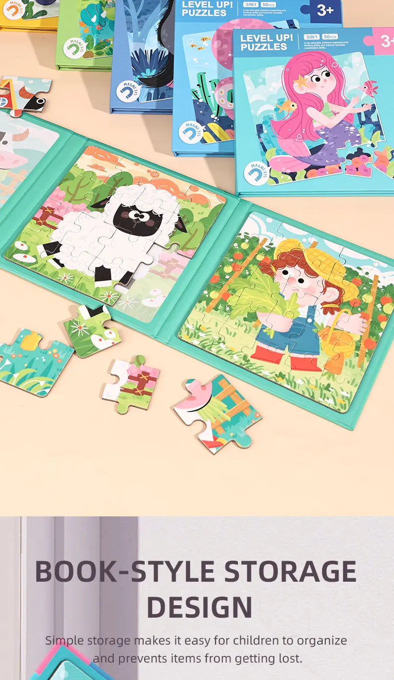 A collection of colorful magnetic jigsaw puzzles featuring animals, fruit, and traffic themes for children's early learning.