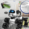 A silver and black remote control stunt robot dog with eight wheels is shown on a striped surface.