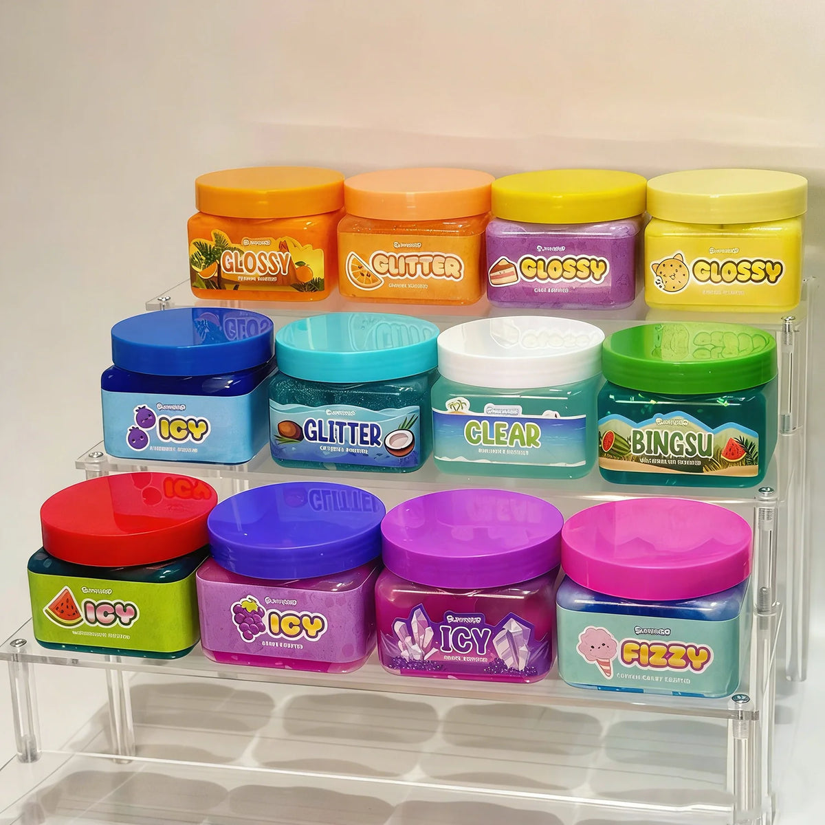 A display of various colored slime jars including yellow, orange, purple, and green varieties.
