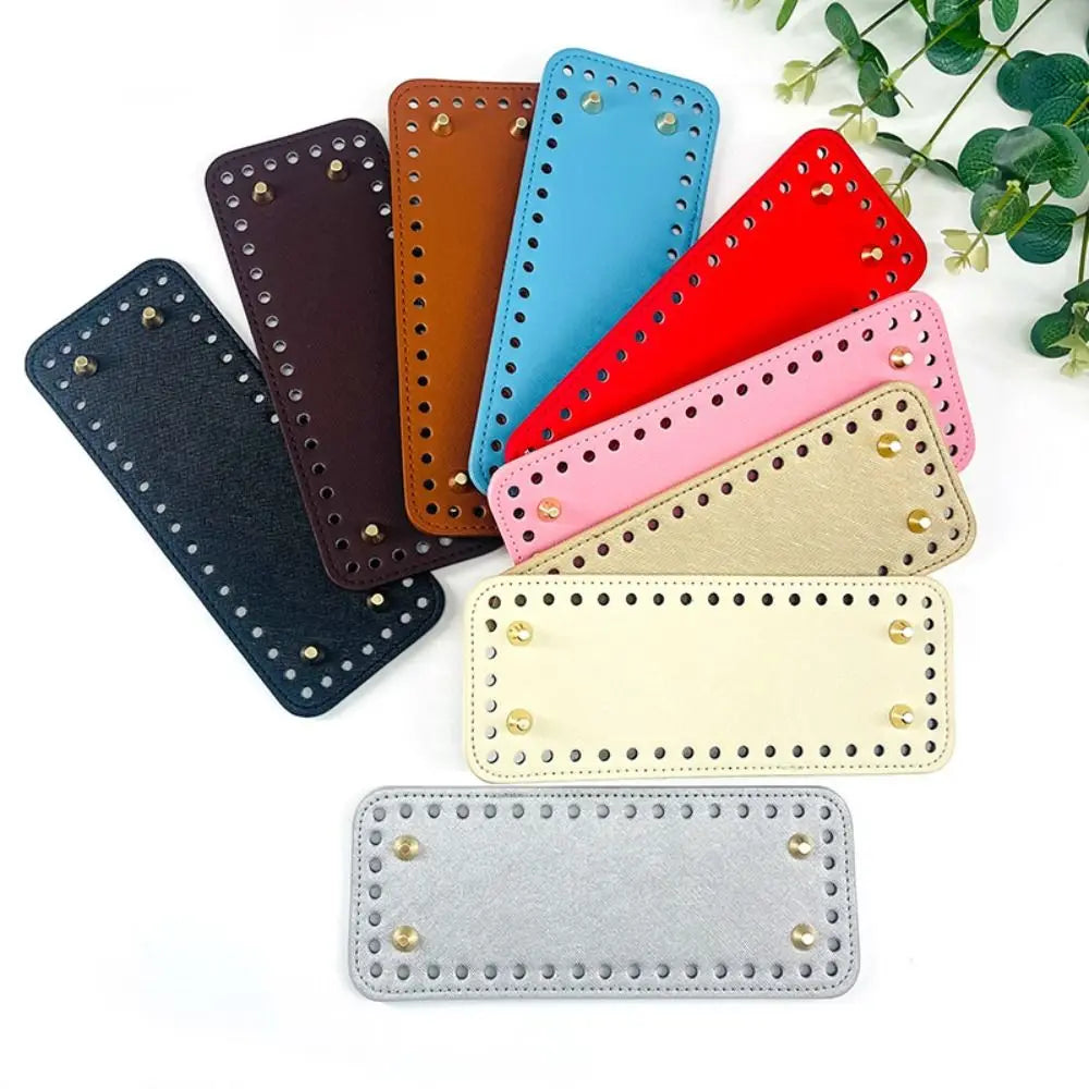A collection of PU leather crochet bag bottoms in various colors including orange, blue, red, pink, beige, and silver.