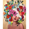 A woman's face is adorned with a vibrant, colorful floral crown created by paint by numbers.