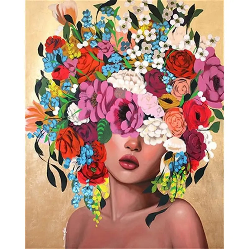 A woman's face is adorned with a vibrant, colorful floral crown created by paint by numbers.