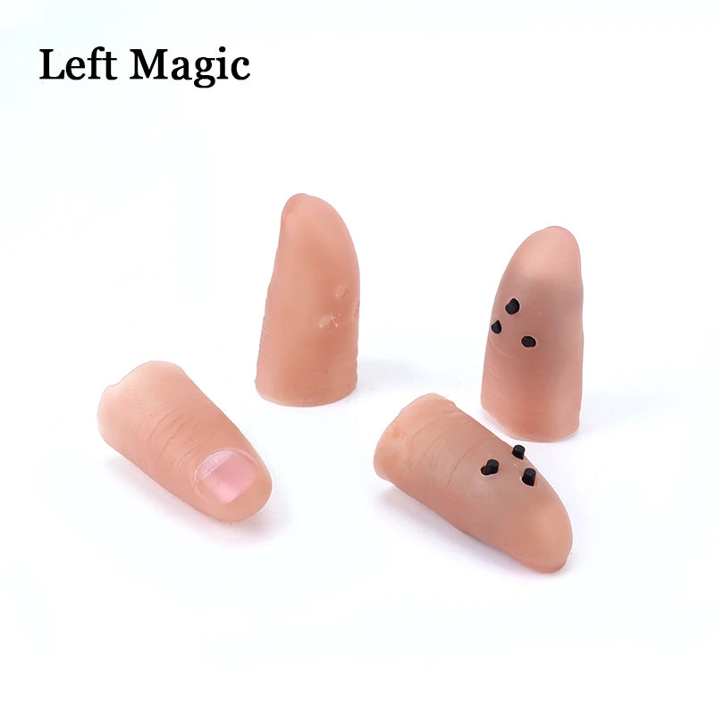 A set of seven color-changing LED thumb lights used for magic tricks, shown in various shades.