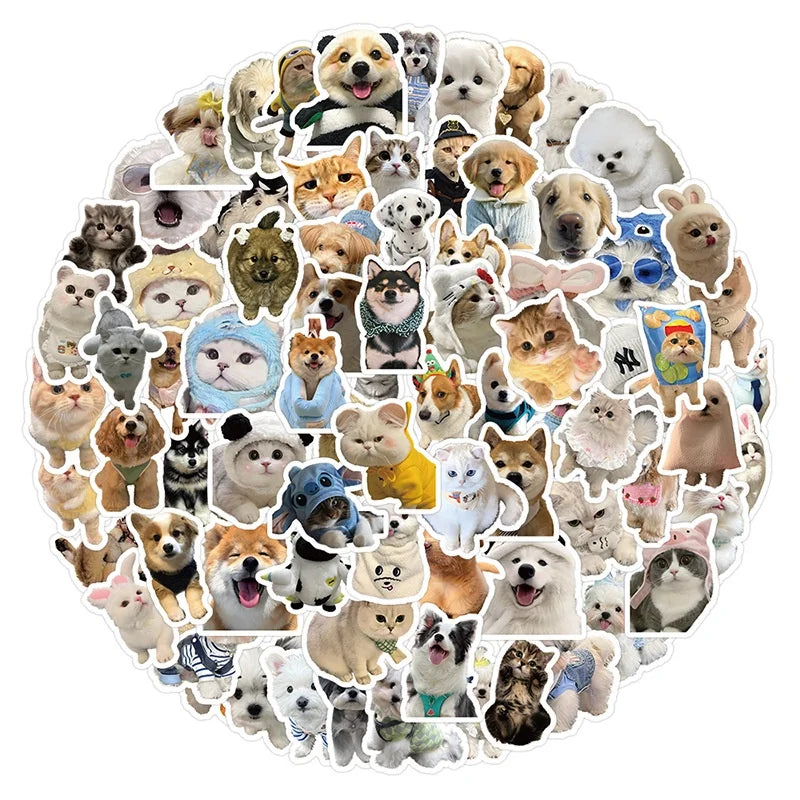 A circular arrangement of 200 cute animal stickers featuring various breeds and types of pets.