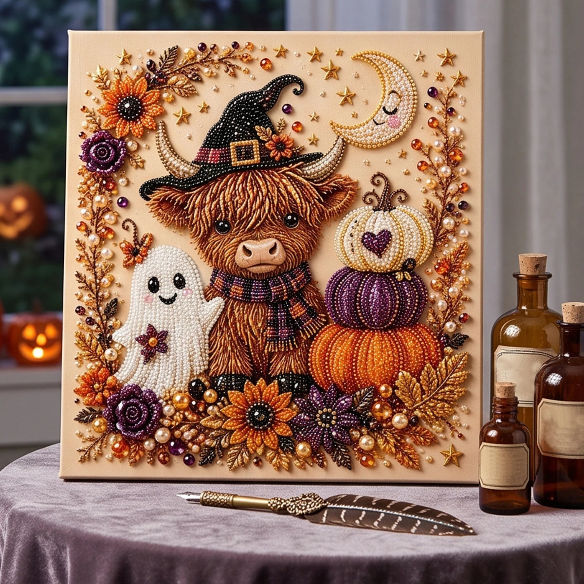 A framed canvas featuring a detailed painting of a brown goat with horns surrounded by floral and celestial elements.
