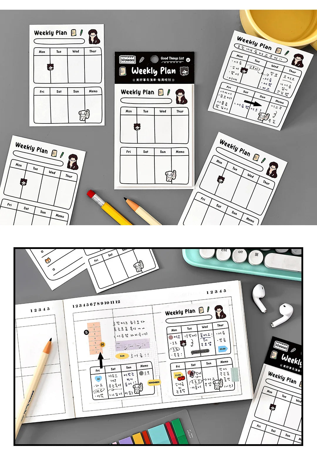 A collection of weekly planning and memo pads featuring various layouts for daily organization and notes.